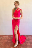 Patrice | Red Satin Mermaid Long Prom Dress with One-Shoulder Design and Slit