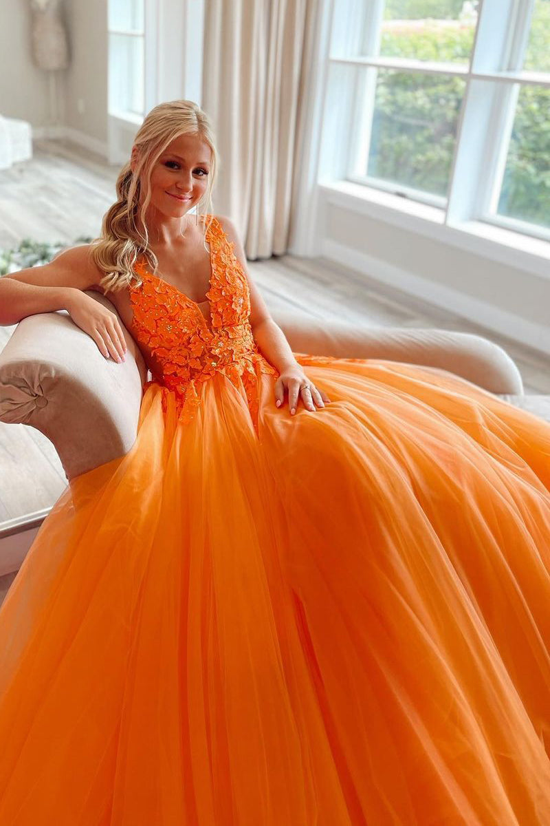 Marigold | Elegant A-Line V-Neck Tulle Prom Dress with Floral Appliques