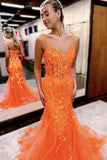 Charming Mermaid V-Neck Orange Sequin Tulle Long Prom Dress