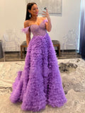 Astrid | A-Line Off-the-Shoulder Tiered Tulle Prom Dress with Slit