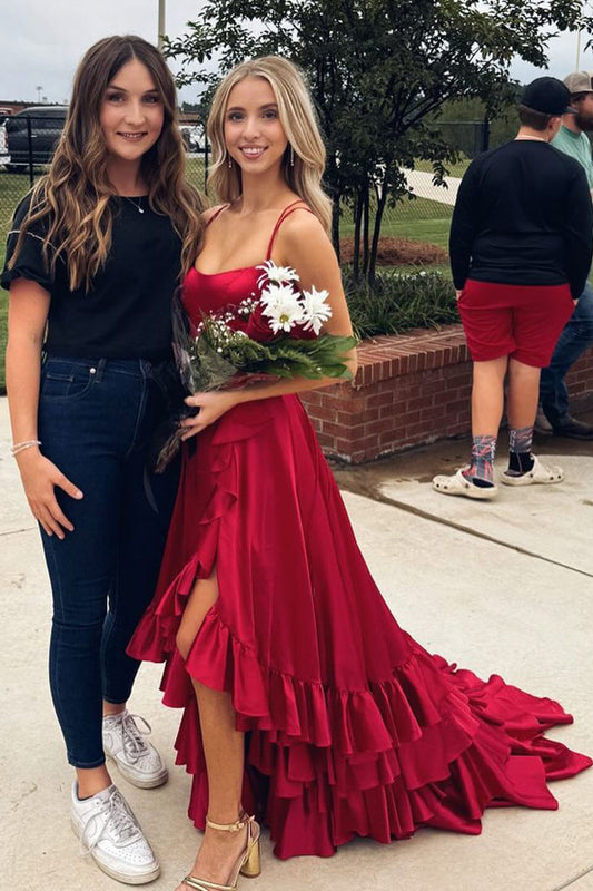 Elegant A-Line Scoop Neck Red Satin Prom Dress with Slit