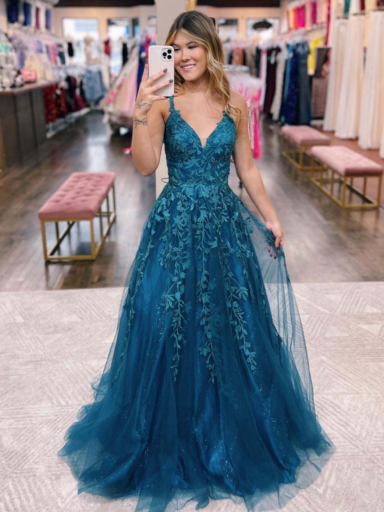 Veronica | A-Line Ink Blue Glitter Tulle Lace Prom Dress