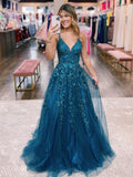 Veronica | A-Line Ink Blue Glitter Tulle Lace Prom Dress