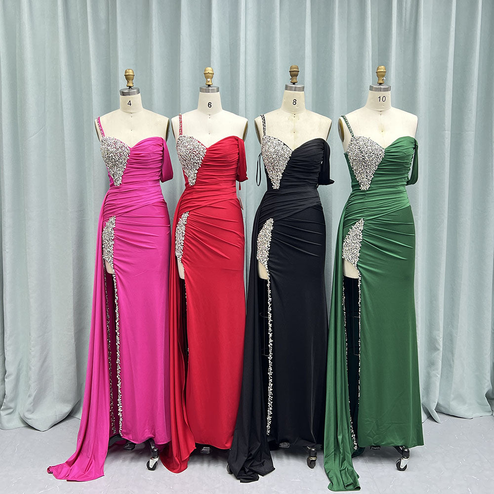 Kaydence | Chic Fuchsia Asymmetrical Beaded Long Prom Dress