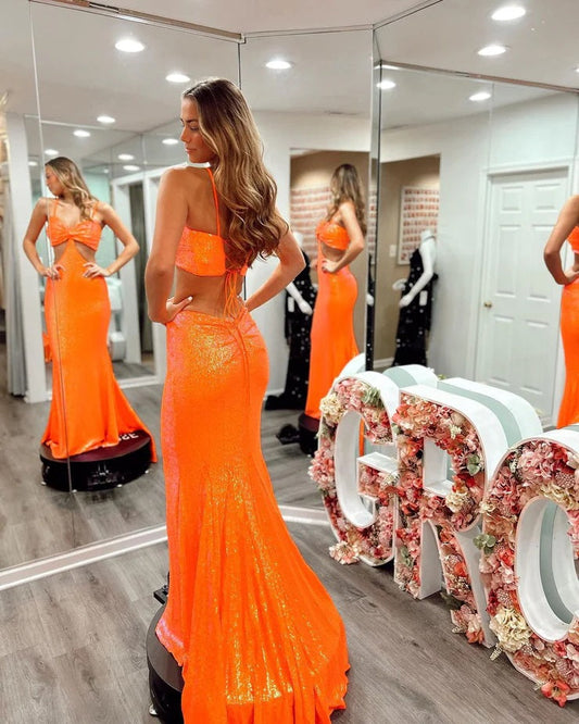 Vibrant Mermaid V-Neck Orange Sequin Long Prom Dress