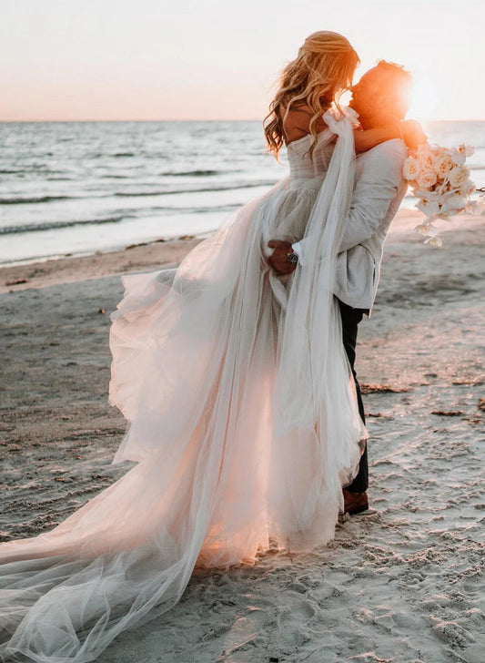 Elysia | Fairy A-Line Sweetheart Tulle Long Beach Wedding Dress