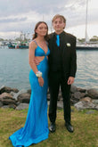 Selena | Charming Mermaid V-Neck Blue Satin Long Prom Dress