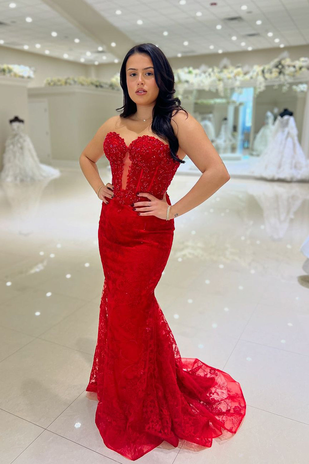 Scarlett | Charming Mermaid Sweetheart Red Lace Long Prom Dress