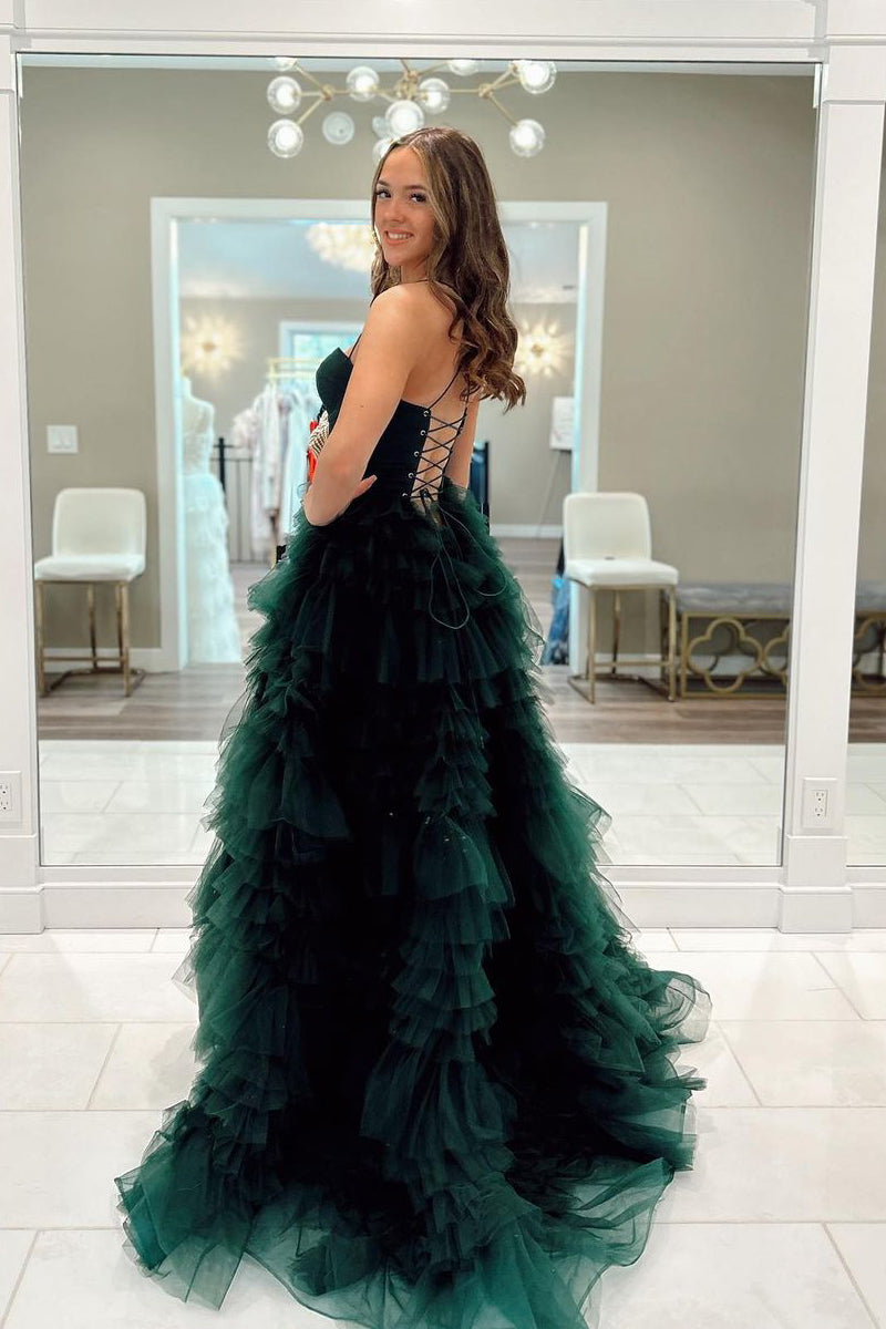 Dark Green A-Line Sweetheart Ruffle Tiered Tulle Prom Dress with Slit