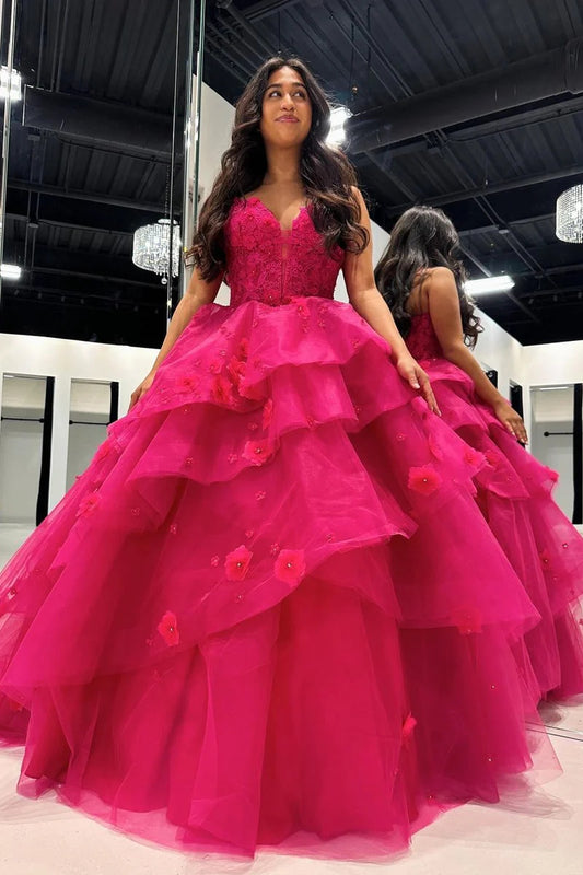 Serena | Elegant Hot Pink A-Line Tulle Illusion Neck Prom Dress with Appliques JB120326