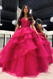 Serena | Elegant Hot Pink A-Line Tulle Illusion Neck Prom Dress with Appliques JB120326