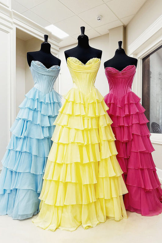 Cute A-Line Sweetheart Chiffon Tiered Long Prom Gown