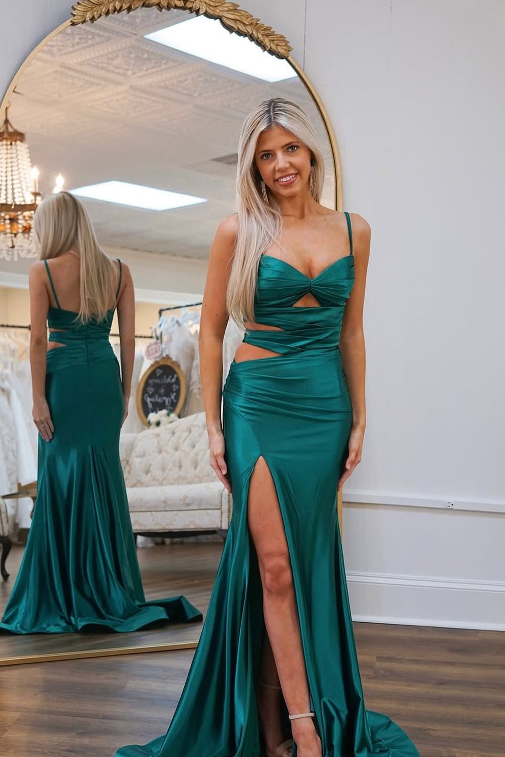 Emerald | Cute Mermaid Sweetheart Green Satin Long Prom Dress with Slit