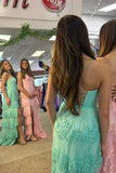 Cute A Line Strapless Pink Tulle Lace Appliques Long Prom Dresses