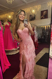 Cute A Line Strapless Pink Tulle Lace Appliques Long Prom Dresses