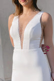 Elegant Mermaid Deep V Neck White Satin Bridal Dresses with Beading