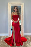 Radiant Red | Cute Mermaid Scoop Neck Red Satin Prom Dress with Appliques