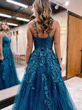 Veronica | A-Line Ink Blue Glitter Tulle Lace Prom Dress