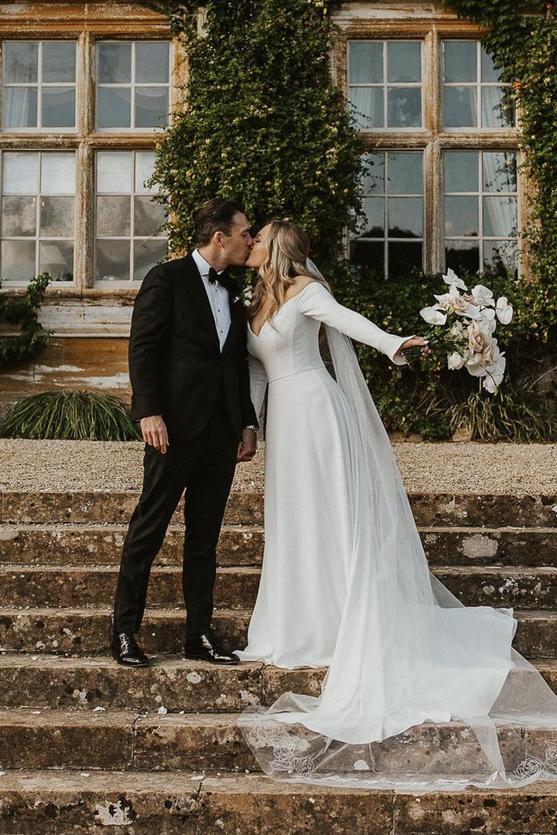 Simple A-Line Off-the-Shoulder Long Sleeve White Satin Wedding Dress