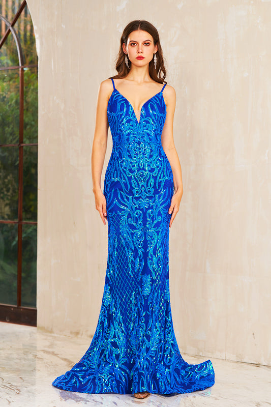 Isla | Elegant Sapphire Blue Mermaid Sequins Spaghetti Straps V-Neck Prom Dress with Appliques JB120901