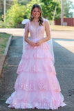 Seraphina | Fairy A-Line V-Neck Pink Tulle Long Prom Dress with Appliques