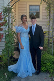 Serena | Cute Mermaid Off-the-Shoulder Light Blue Lace Prom Dress