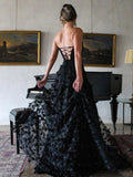 Cute A-Line Strapless Black Tulle Prom Dress with 3D Lace Flowers