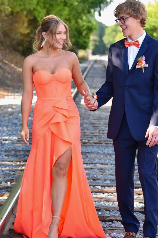 Cute Mermaid Sweetheart Orange Satin Long Prom Dress with Slit