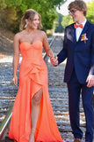 Cute Mermaid Sweetheart Orange Satin Long Prom Dress with Slit