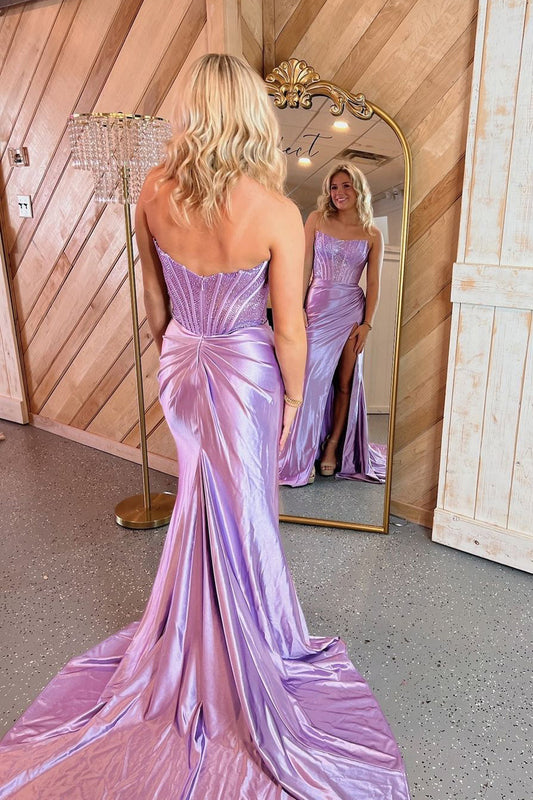 Lilac Mermaid Strapless Satin Long Prom Dress with Sparkly Beading