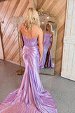 Lilac Mermaid Strapless Satin Long Prom Dress with Sparkly Beading