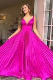 Luella | Fuchsia V-Neck A-Line Pleated Long Prom Dress