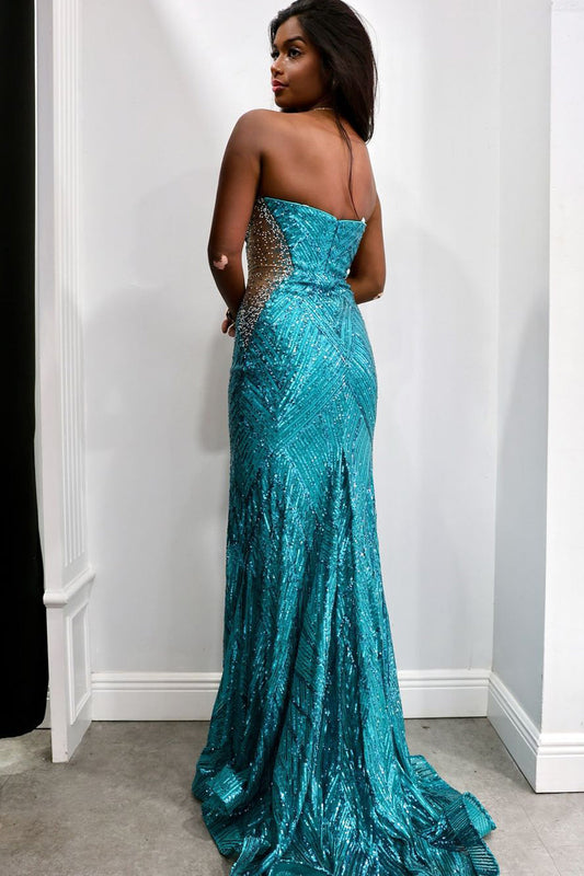 Fashion Mermaid Strapless Teal Sequins Long Prom Dresses with Beading AB24111807