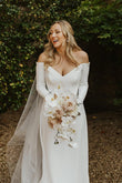 Simple A-Line Off-the-Shoulder Long Sleeve White Satin Wedding Dress