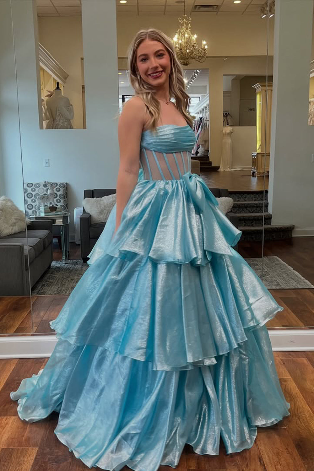 Serenity | Cute Ball Gown Strapless Light Blue Organza Prom Dress with Bow