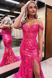 Charming Off-the-Shoulder Black Mermaid Prom Dress with Fuchsia Sequin Appliques