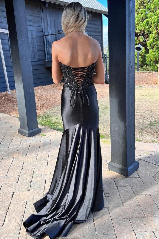 Charming Mermaid Sweetheart Elastic Satin Black Sequins Prom Dress with Slit