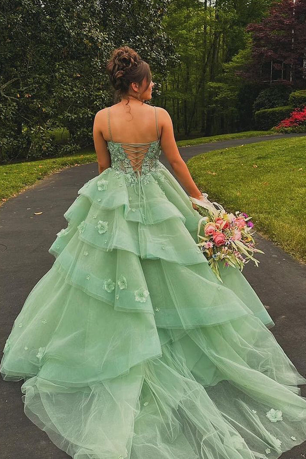 Elysia | Fairy A-Line Sweetheart Sage Green Tulle Long Prom Dress with Appliques