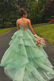 Elysia | Fairy A-Line Sweetheart Sage Green Tulle Long Prom Dress with Appliques