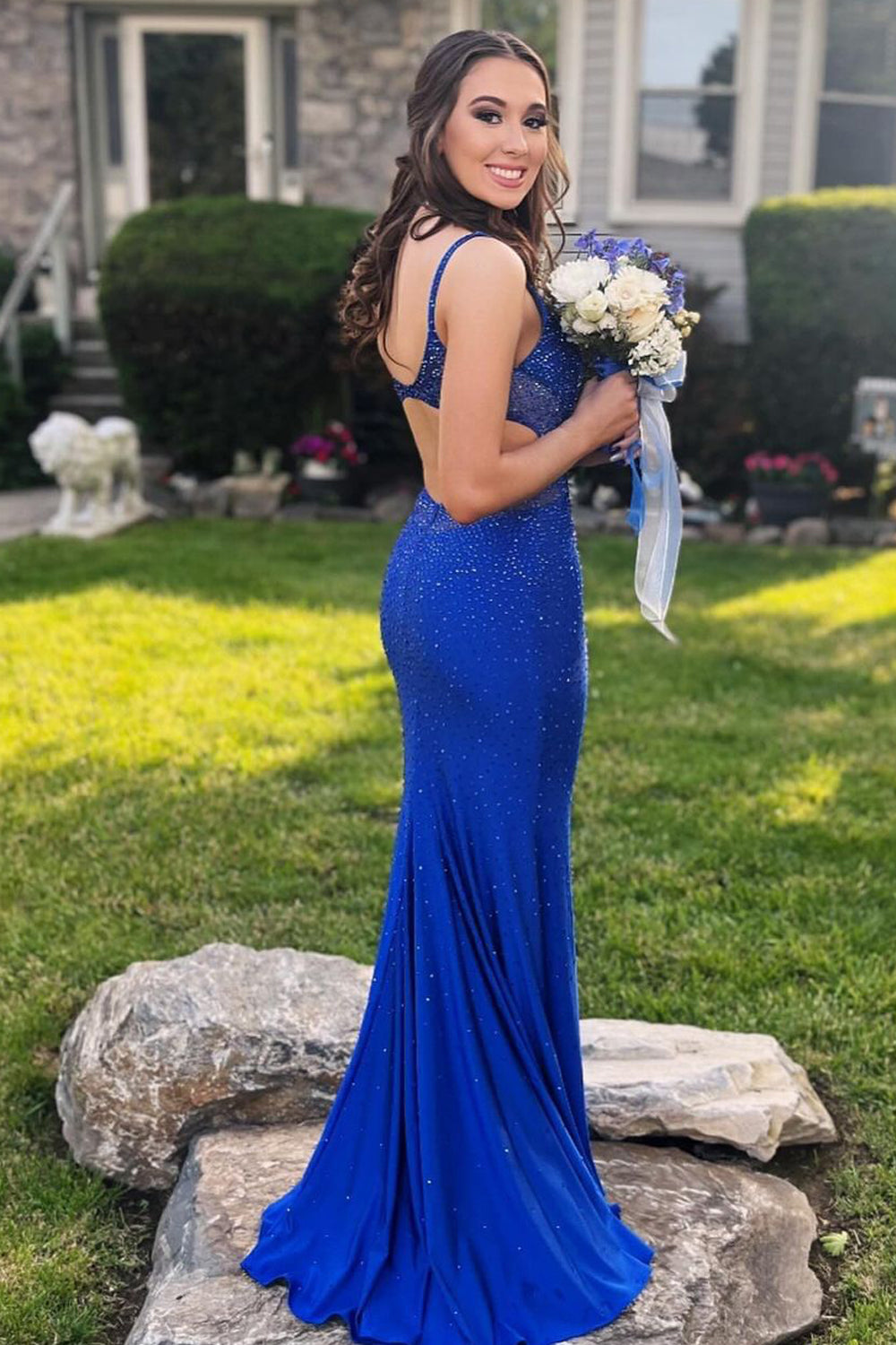 Charming Mermaid Sweetheart Royal Blue Satin Long Prom Dresses with Beading