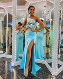 Elegant Mermaid One-Shoulder Satin Prom Dress with Slit JB110508