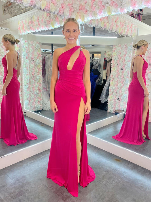 Teresa | Elegant Mermaid One Shoulder Pink Cutout Long Prom Dress