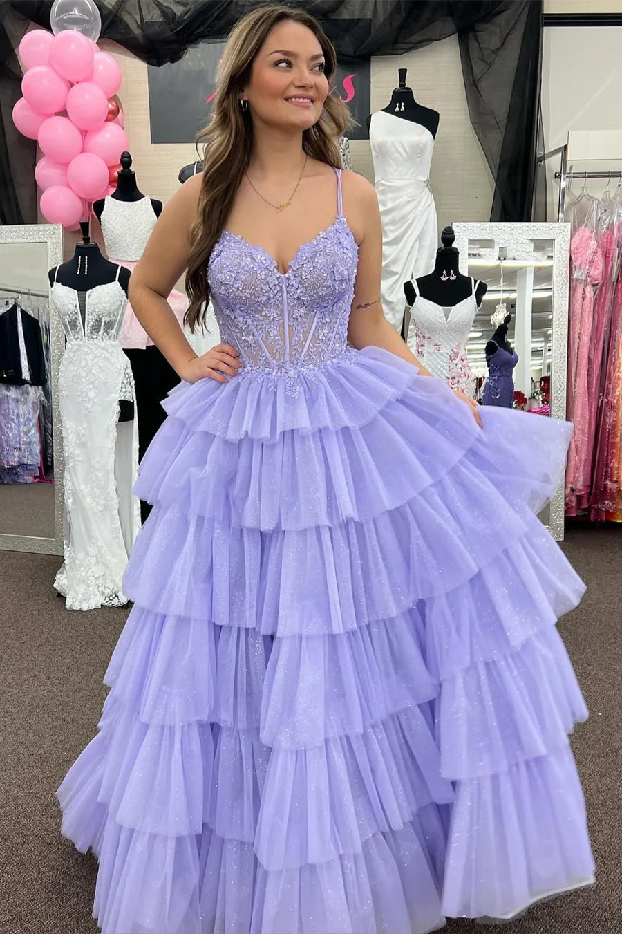 Lydia | Cute A-Line V-Neck Lavender Tulle Long Prom Dress with Appliques