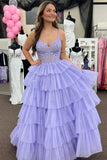 Lydia | Cute A-Line V-Neck Lavender Tulle Long Prom Dress with Appliques