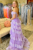 Seraphina | Charming A-Line Off-the-Shoulder Light Purple Tiered Tulle Long Prom Dress with Slit