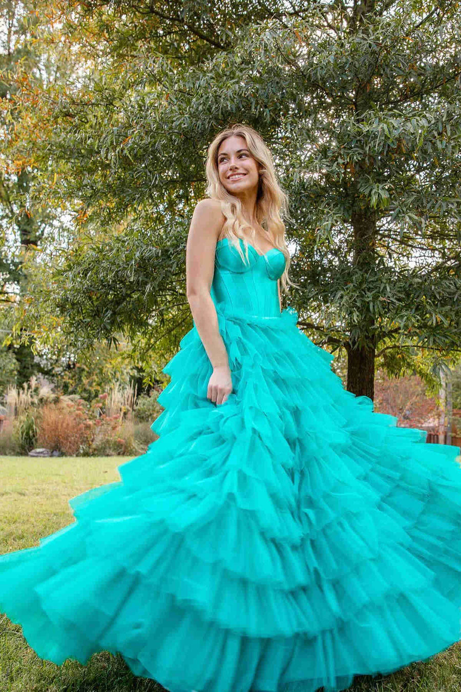 Cute Ball Gown Sweetheart Tiered Tulle Prom Dresses AB24103102