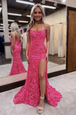 Fuchsia Strapless Sequin Lace Mermaid Prom Dress with Slit