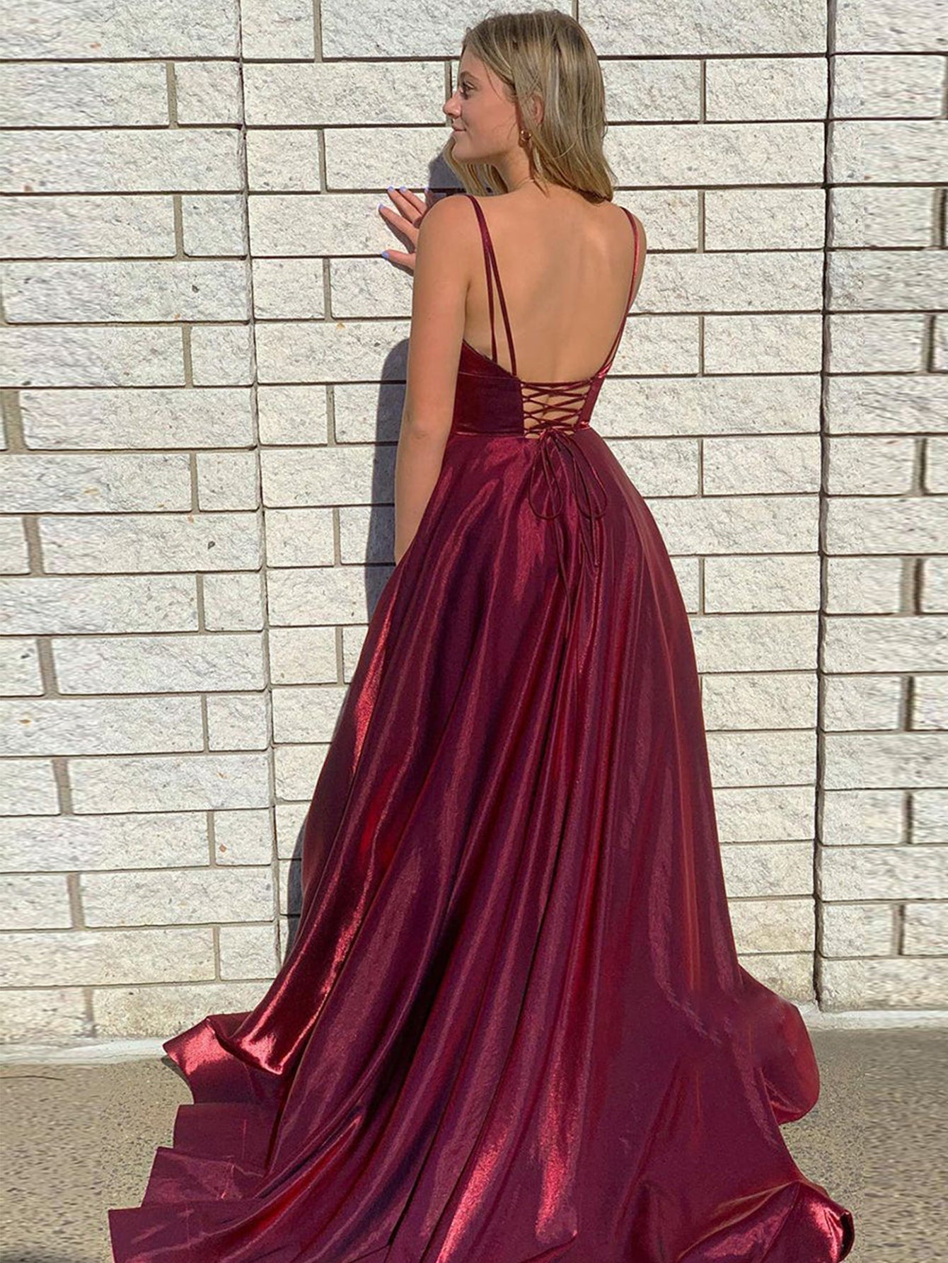 Dark Red Satin A-Line Fitted Long Prom Dress with Slit