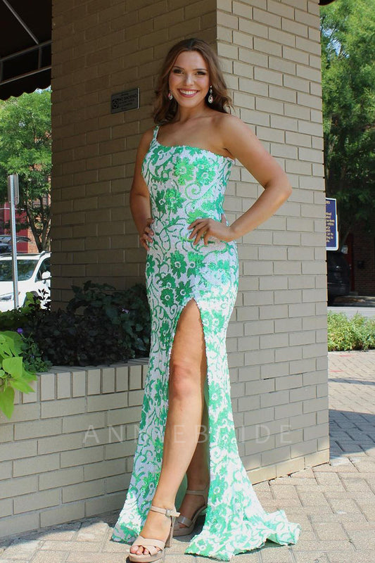 Cute Green and White Mermaid Prom Dress with One Shoulder, Sequins, and Slit