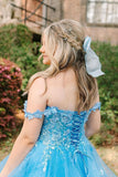 Blue Off the Shoulder Ruffle Tiered Tulle Long Prom Dresses with Appliques